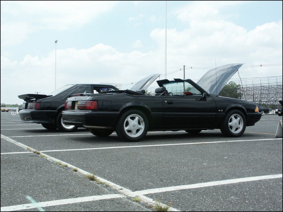 Two black Ford Mustangs parked side-by-side, one a convertible with the hood up