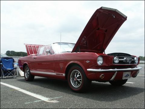 2001 Mercury Grand Marquis - A classic red 1965 Ford Mustang convertible is displayed with its hood and trunk open at an outdoor car show.