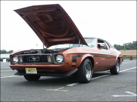 2001 Mercury Grand Marquis - This 1973 Ford Mustang coupe has its hood open, displaying a custom "MUSTY" license plate.