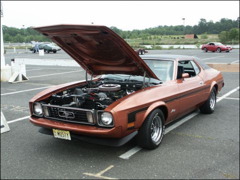 2001 Mercury Grand Marquis - A classic Ford Mustang is displayed with its hood open at an outdoor car show.