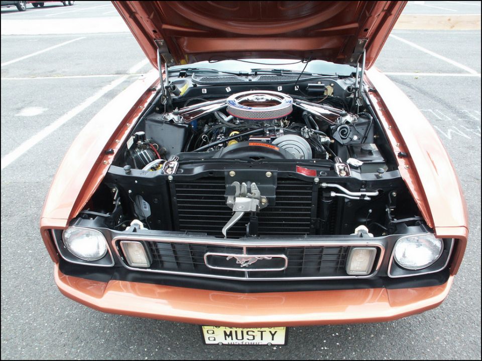 Copper 1971 Ford Mustang with hood open, showing engine and grille