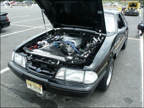 2001 Mercury Grand Marquis - A black Ford Mustang is displayed with its hood open, revealing a customized engine bay.