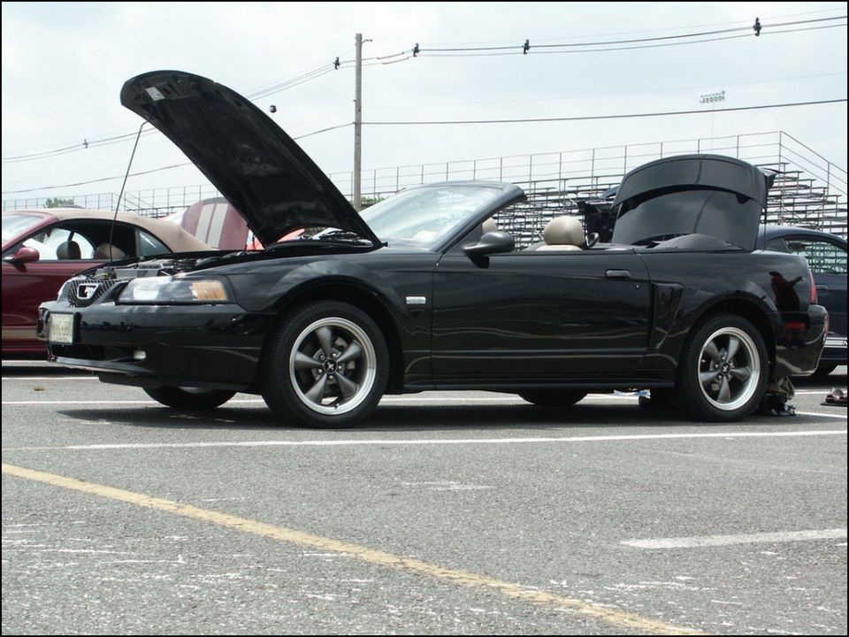 Black convertible Mustang with hood and trunk open, parked next to a red car