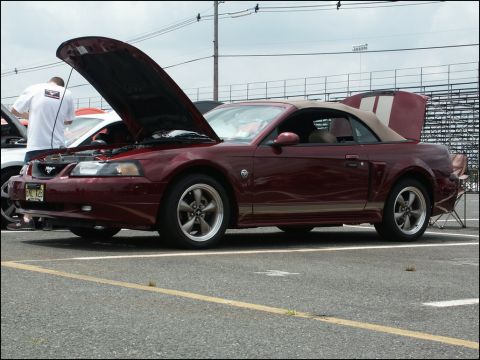2001 Mercury Grand Marquis - A maroon convertible Mustang is displayed with its hood open at an outdoor car show.