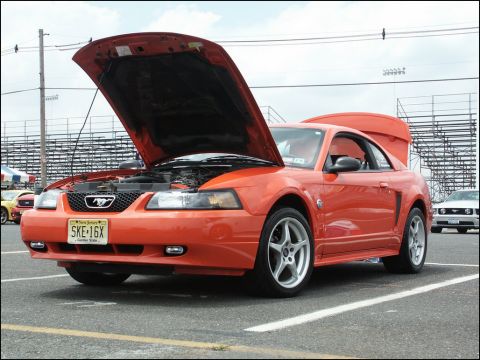 2001 Mercury Grand Marquis - An orange Ford Mustang is parked with its hood and trunk open at an outdoor event.
