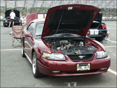2001 Mercury Grand Marquis - A red 2001 Ford Mustang convertible is displayed with its hood open, revealing the engine, at a car show.