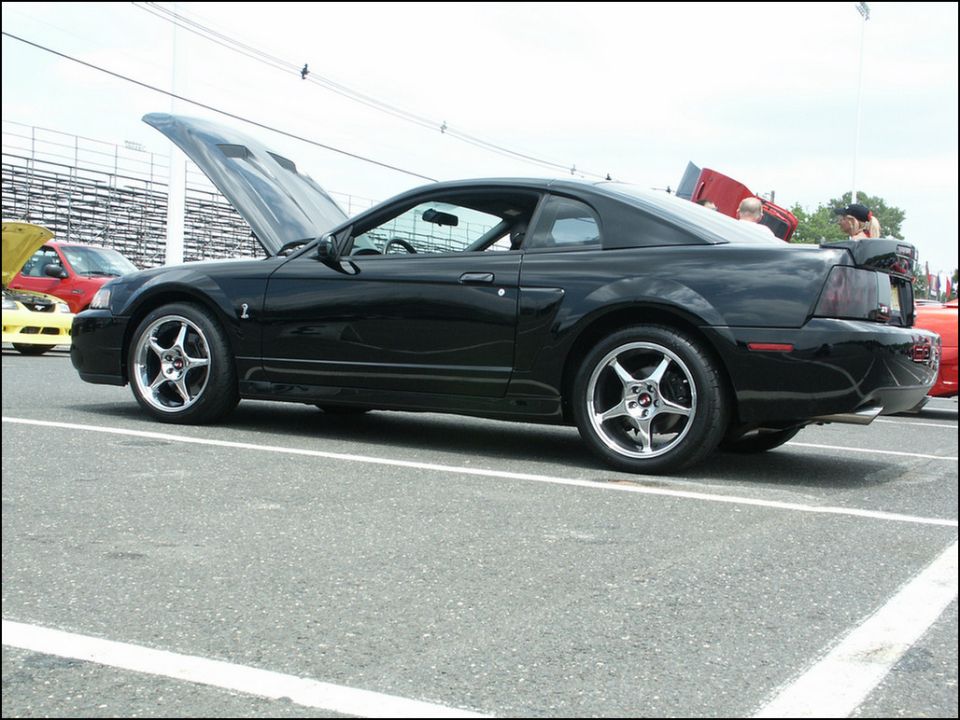 Black 2001 Ford Mustang Cobra coupe, side view, hood open