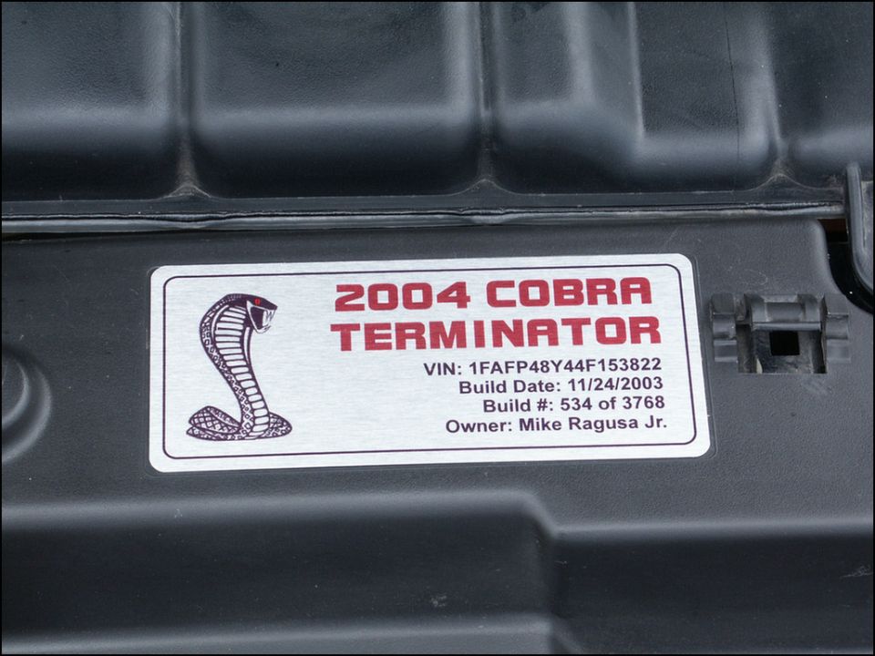 2004 Cobra Terminator VIN plate with VIN, build date, and owner info