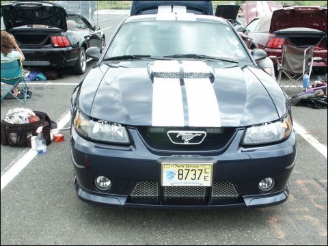 2001 Mercury Grand Marquis - A dark blue Ford Mustang with white racing stripes is parked at an outdoor event.