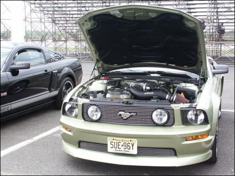 2001 Mercury Grand Marquis - A sage green Ford Mustang is displayed with its hood open, revealing the engine compartment, next to a black Mustang GT.