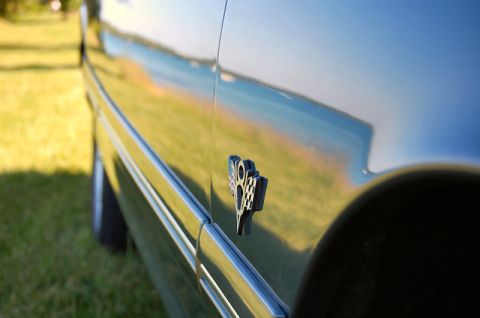 1985 Mercury Grand Marquis - A close-up side view of a car's door shows a distinctive badge and chrome trim against a grassy background.