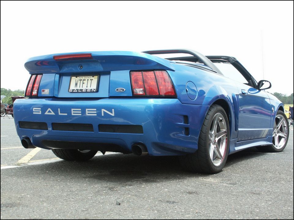 Blue Saleen Mustang convertible, rear view. License plate reads WTFFIT SALEEN
