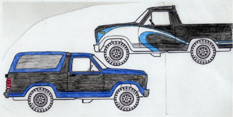 1981 Ford Bronco - Two SUVs are depicted in a side-view drawing with blue and black color schemes.