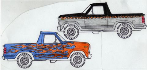 1981 Ford Bronco - Two trucks are depicted with flame decals, one in blue and orange, the other in gray and black.