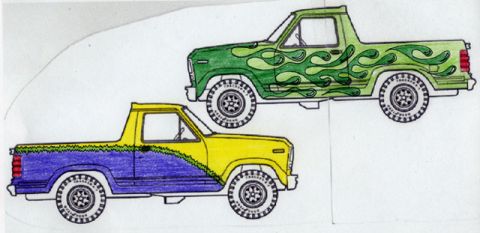 1981 Ford Bronco - Two custom pickup trucks are depicted with unique paint schemes, one green flames and the other a yellow and purple wave design.