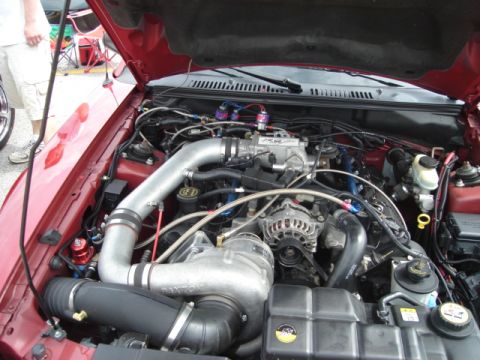 1992 Ford Crown Victoria - Customized engine bay a supercharger and extensive piping. Supermotors.net logo is present.