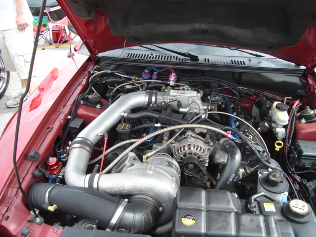 Engine bay with large Paxton supercharger and intercooler piping. Supermotors.net logo visible