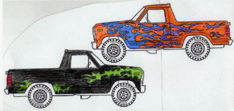 1981 Ford Bronco - Two custom pickup trucks are depicted in a drawing, each with unique flame paint schemes.