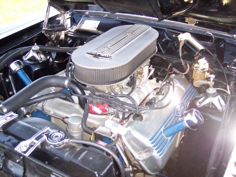 1972 Ford Ranchero - Engine bay view of a Ford V8 motor, likely modified with aftermarket parts.