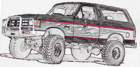 1981 Ford Bronco - This drawing depicts a modified Ford Bronco, likely from the late 1980s or early 1990s, with custom flame graphics.
