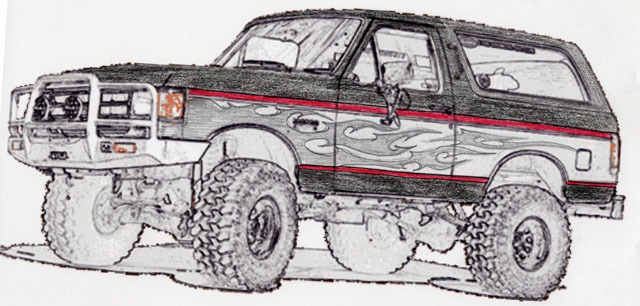 Drawing of a lifted dark Ford Bronco SUV with flames and big off-road tires, 3/4 front view