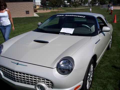 1972 Ford Ranchero - A white 2002 Ford Thunderbird is displayed on a grassy field with a woman standing nearby.