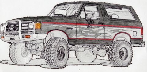 1981 Ford Bronco - This drawing depicts a modified Ford Bronco with large off-road tires and custom paint.