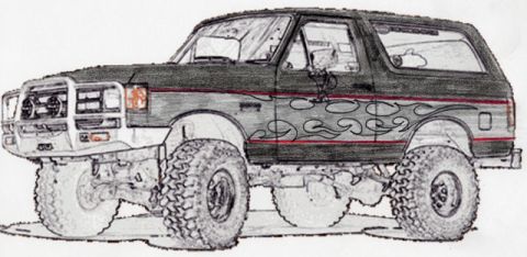 1981 Ford Bronco - This drawing depicts a lifted 1980 Ford Bronco flame decals and a prominent brush guard on the front bumper.