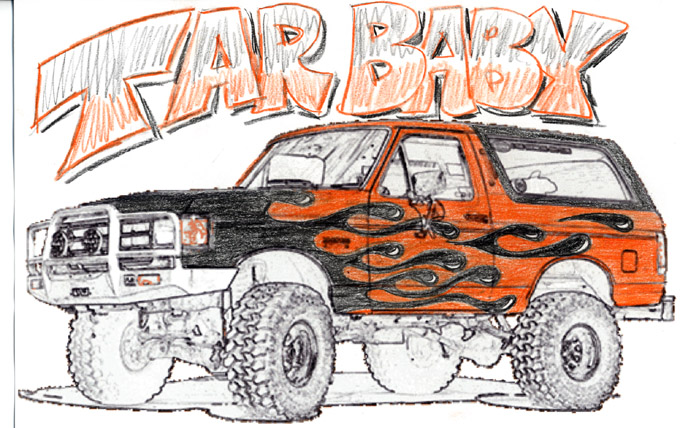 Drawing of black lifted Ford Bronco with orange flames and 'TAR BABY' text