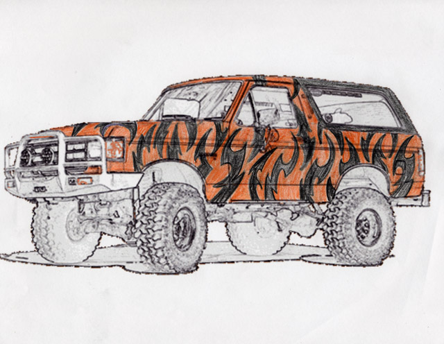 Hand-drawn colored sketch of a lifted SUV with orange flame paint and off-road tires
