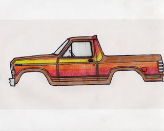 1981 Ford Bronco - A drawing of a 1980s Ford truck body with a distinctive stripe pattern is shown from the side.