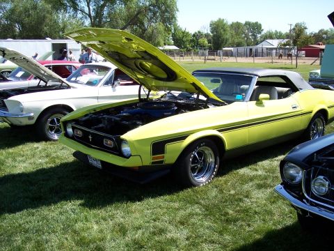 1972 Ford Ranchero - Yellow 1971 Ford Mustang convertible at a car show, hood open, with other vehicles nearby.