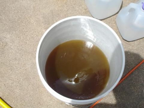 1996 Ford F-150 - A bucket filled with murky brown liquid sits on a concrete surface, with two plastic jugs and a Supermotors logo visible.