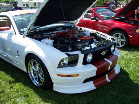 1972 Ford Ranchero - Two Ford Mustangs are parked on grass, one with its hood open, revealing the engine bay.