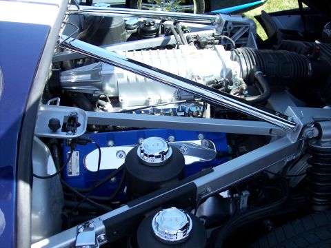 1972 Ford Ranchero - Close-up view of a modified engine bay, showing a supercharger and custom components.