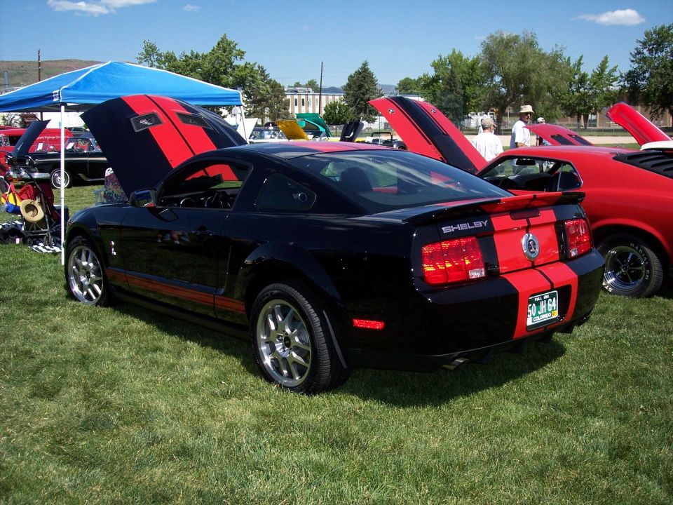 Black Ford Mustang Shelby GT500 with red stripes parked on grass, hoods open on other cars