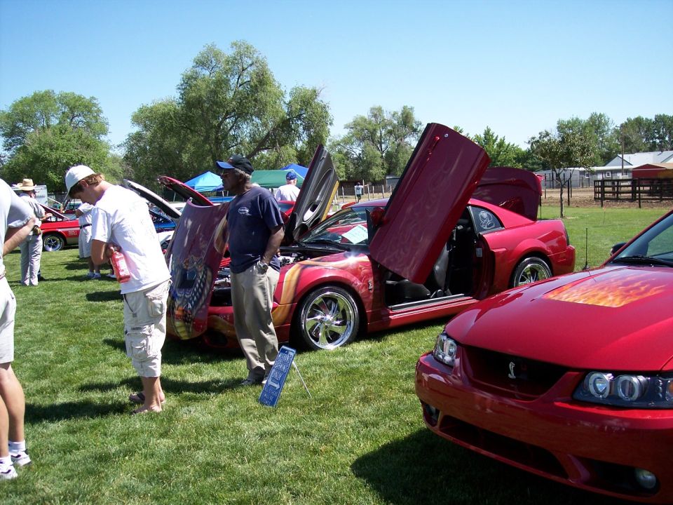 Two red Ford Mustangs at a car show, one with butterfly doors open. Flames painted on hood of front car