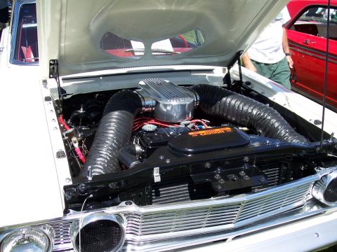 1972 Ford Ranchero - Custom engine bay on a 1972 Ford Ranchero, a prominent chrome air intake system.