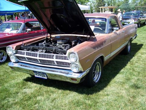 1972 Ford Ranchero - A brown 1966 Ford Fairlane Ranchero is displayed with its hood open at an outdoor event.