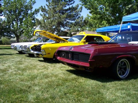 1972 Ford Ranchero - A line of classic Ford Mercury Cougars, including a maroon model in the foreground and a yellow one with its hood open.
