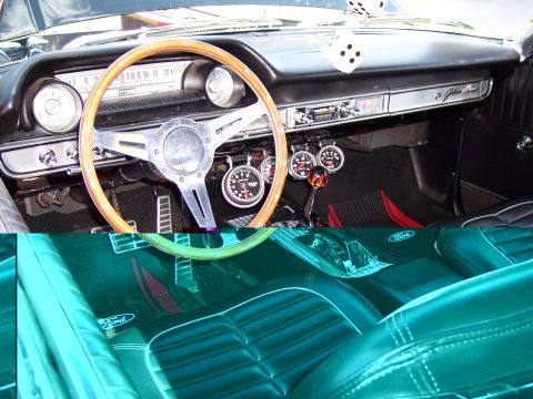 1972 Ford Ranchero - The interior of a 1964 Ford Galaxie features a wood-rimmed steering wheel, auxiliary gauges, and a pair of fuzzy dice.