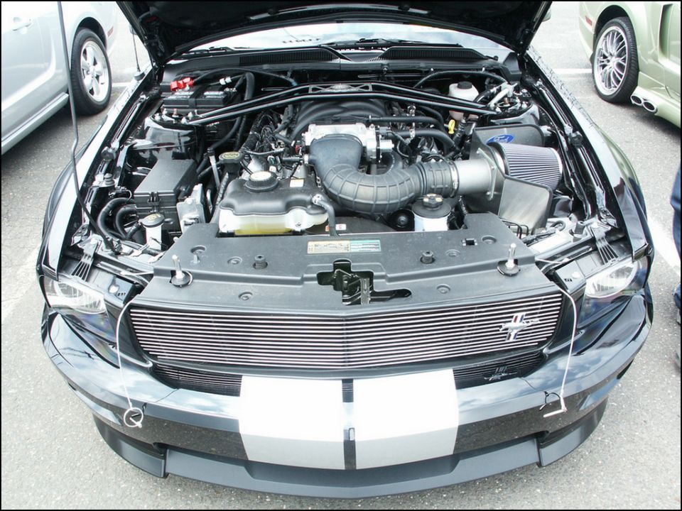 Black Ford Mustang engine bay with aftermarket grille and racing stripes