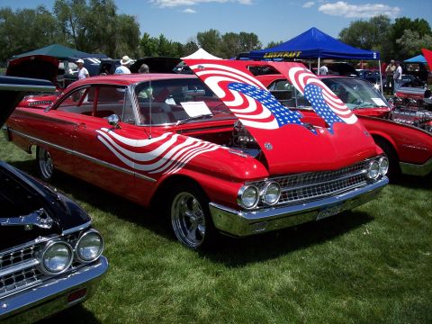 1972 Ford Ranchero - This 1960 Ford Falcon is decorated with patriotic American flag graphics for a car show.