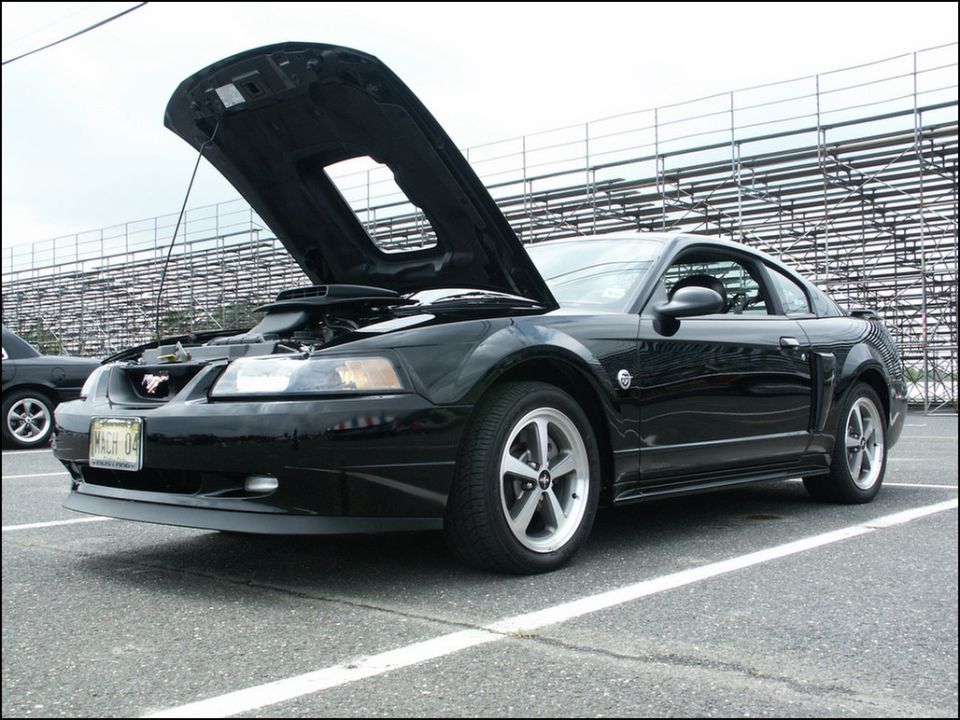 Black Ford Mustang coupe with hood open, showing engine. License plate reads 'MACH 04'