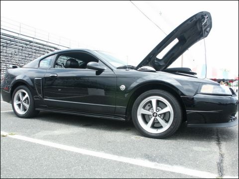 2001 Mercury Grand Marquis - A black Ford Mustang coupe is parked with its hood open, viewed from the side.