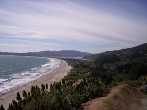 1989 Ford Bronco - A scenic view of a wide, populated beach stretching along the coast, bordered by lush green hills and the blue ocean.