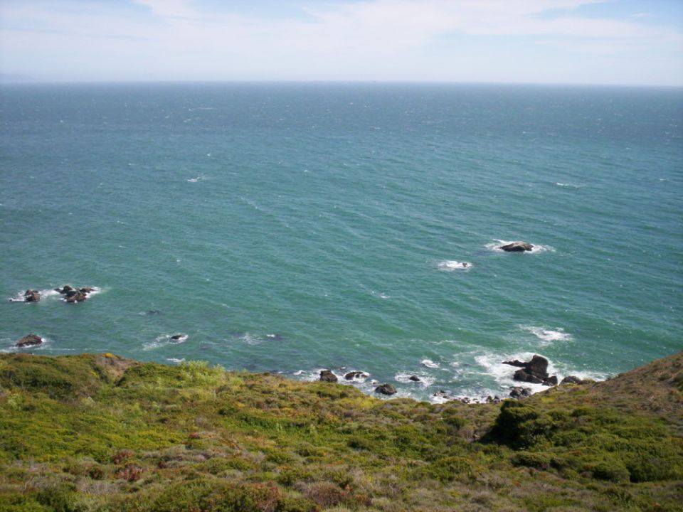 Ocean waves crashing on rocks near a grassy cliff