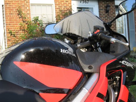 2004 Honda CBR600F - Close-up of a black and red motorcycle fuel tank, showing the HONDA logo and water droplets on its surface.