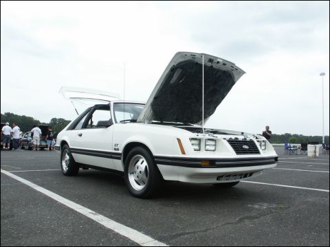 2001 Mercury Grand Marquis - A white 1980s Ford Mustang GT coupe is displayed with its hood and trunk open at an outdoor car show.