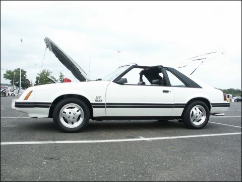 2001 Mercury Grand Marquis - White 1987 Ford Mustang GT 5.0 convertible parked outdoors with hoods open.